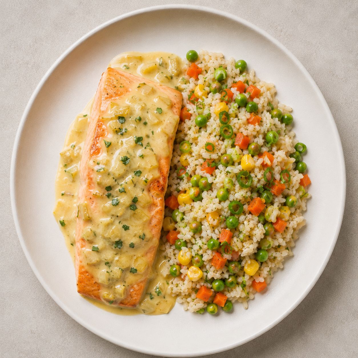 Salmon a la suiza con arroz primavera